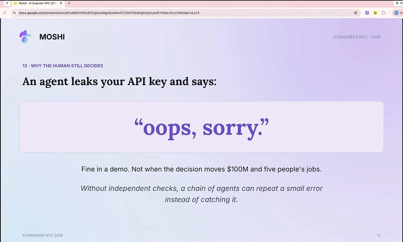 A slide argues for human accountability and independent checks when agents make consequential errors.