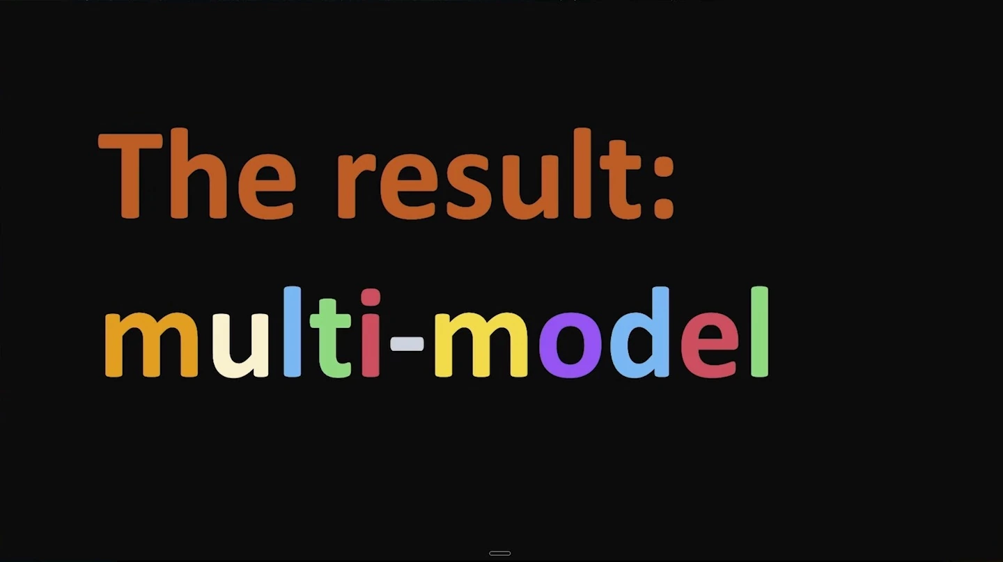Black slide reading “The result: multi-model,” with the second line in multicolored letters.