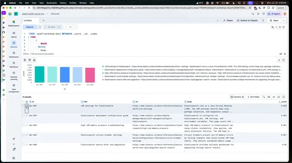 Discover shows the beginning of an ES|QL query and its five results.
