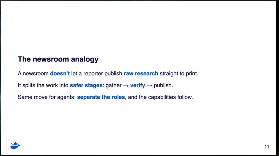 Slide compares separating agent roles to newsroom stages: gather, verify, and publish.