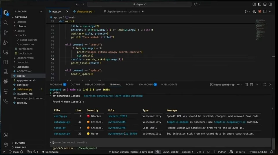 Codex lists four SonarQube issues, including a reported exposed key, an insecure temporary file, complexity, and SQL injection risk.