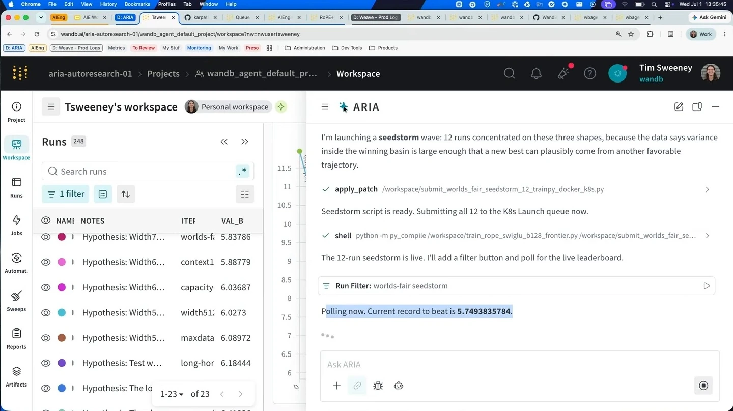 ARIA reports that the 12-run batch is live and displays a run filter and current record.