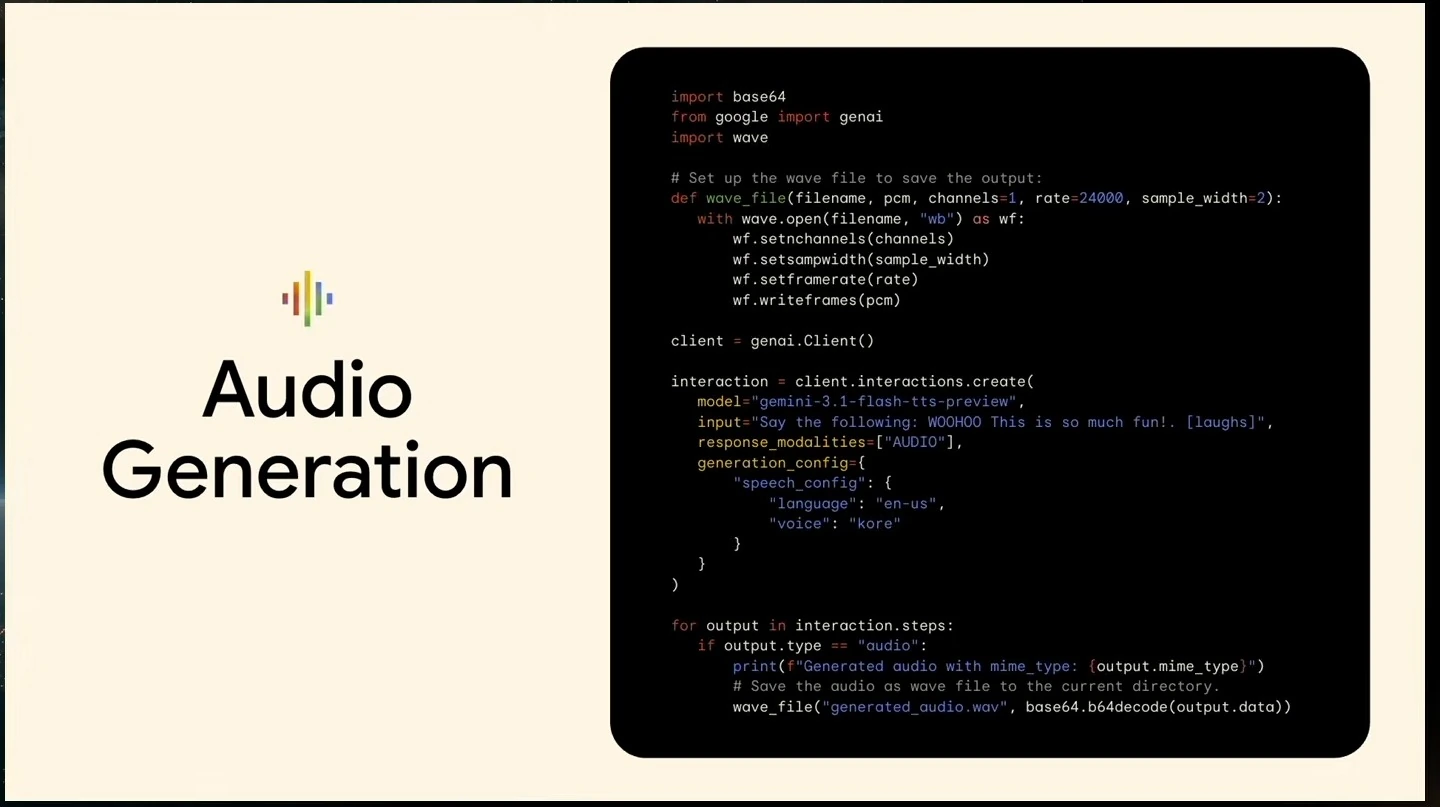 Audio Generation slide with Python code requesting speech output and saving decoded audio to a WAV file.