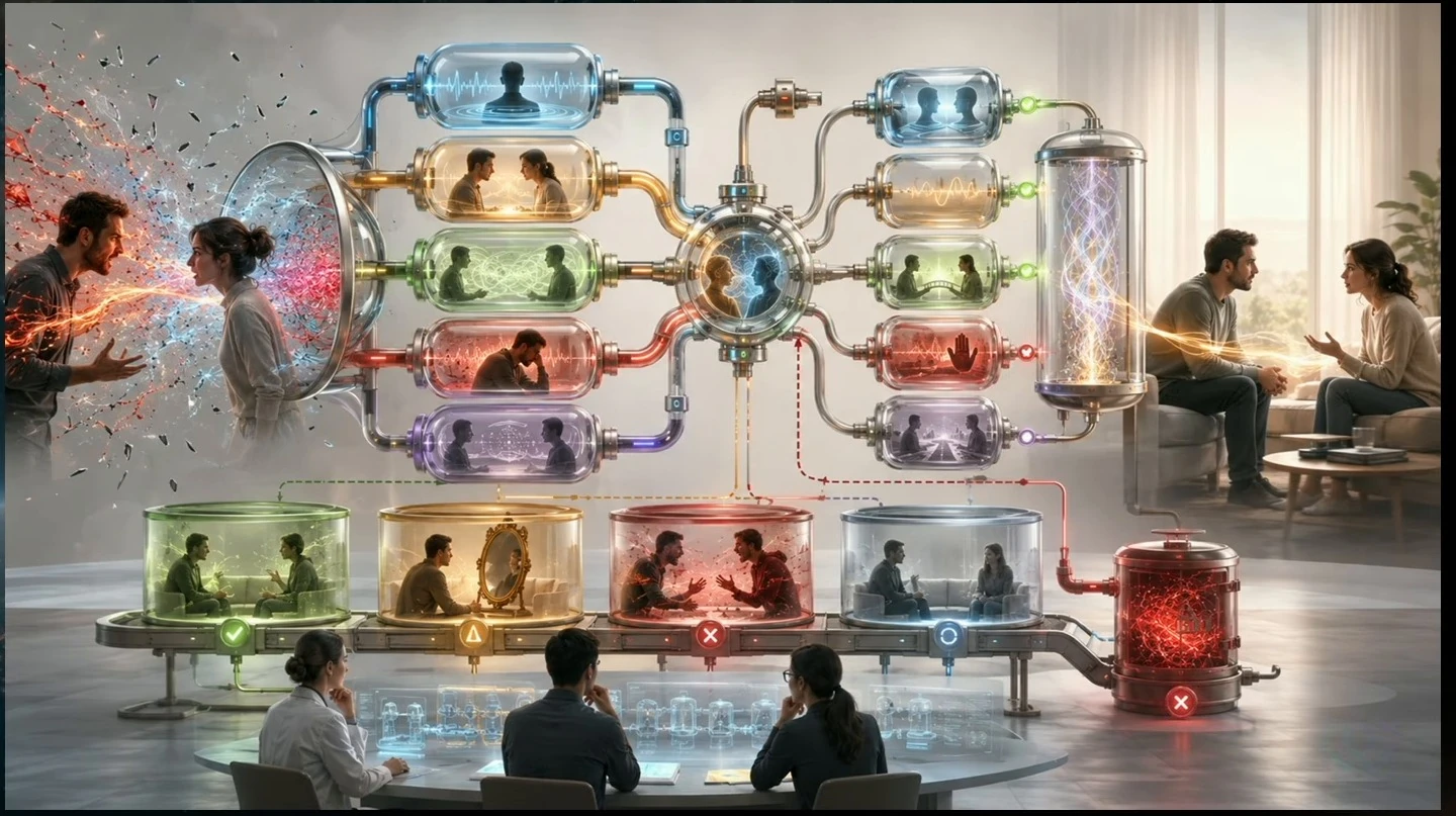 A complex machine depicts different relationship interactions in colored chambers, with an arguing couple on one side and a calmer couple on the other.
