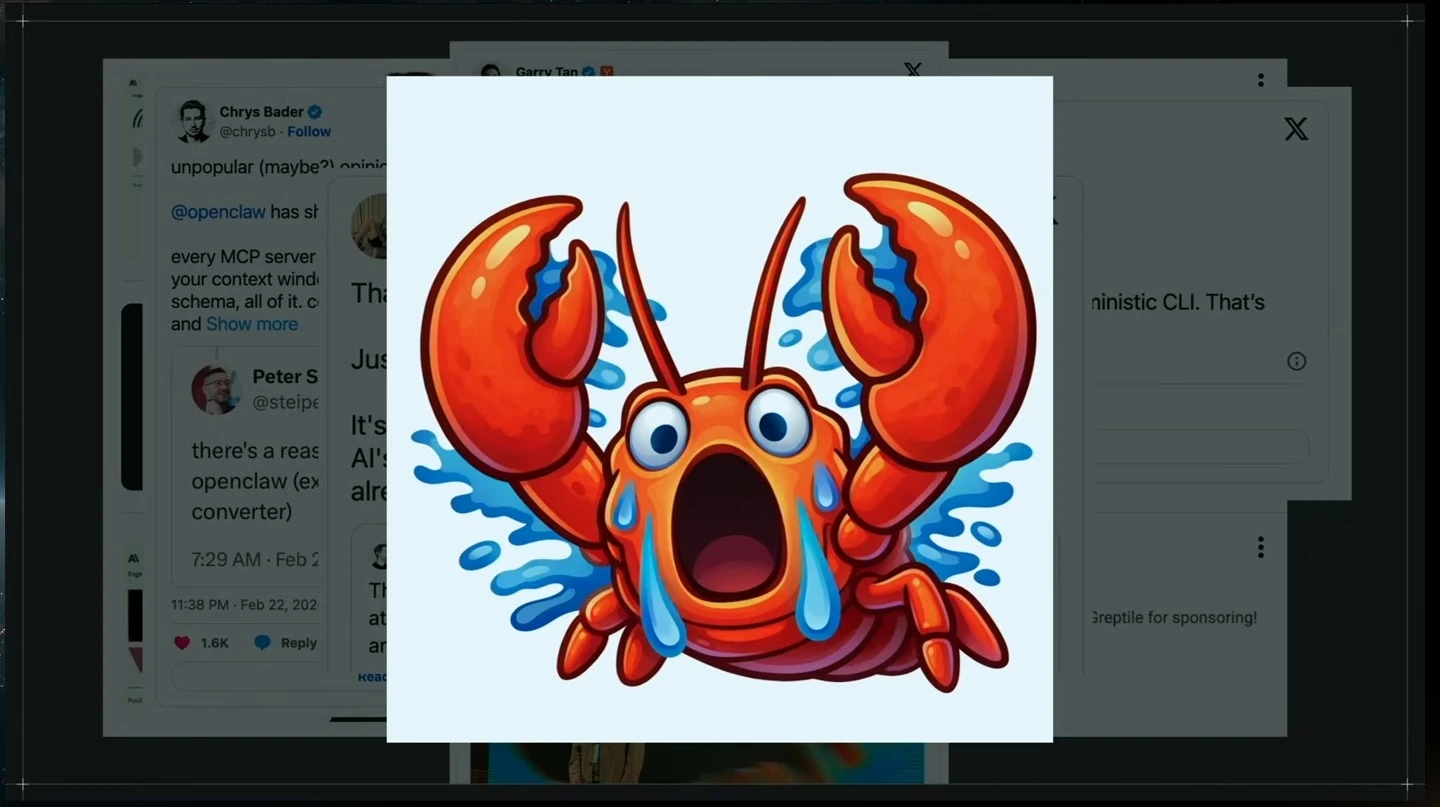 A cartoon crying lobster overlays the earlier social media posts.