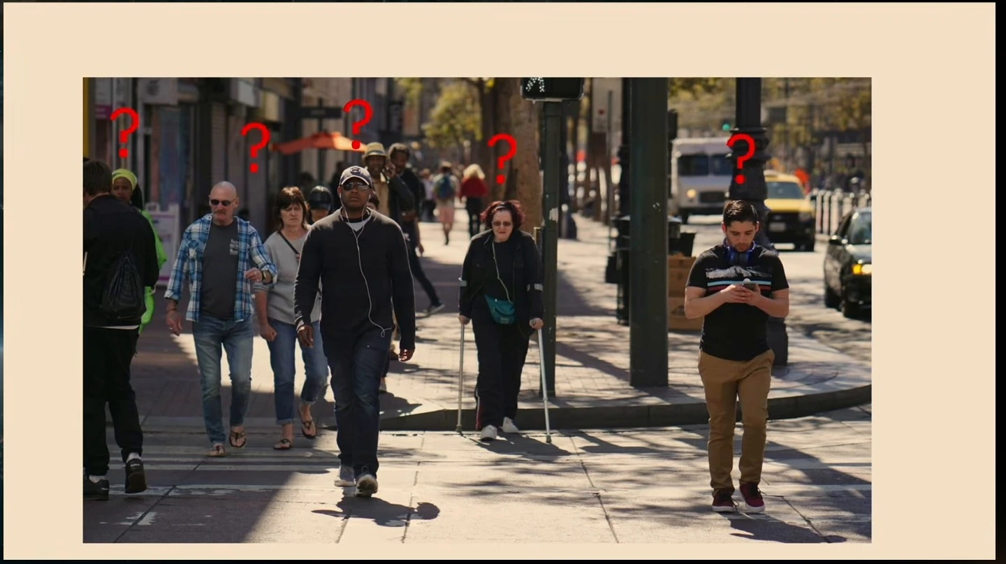 Pedestrians walk along a city street beneath red question marks.