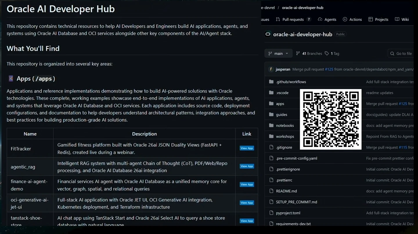 Developer hub repository overview with application examples, repository contents and a QR code.