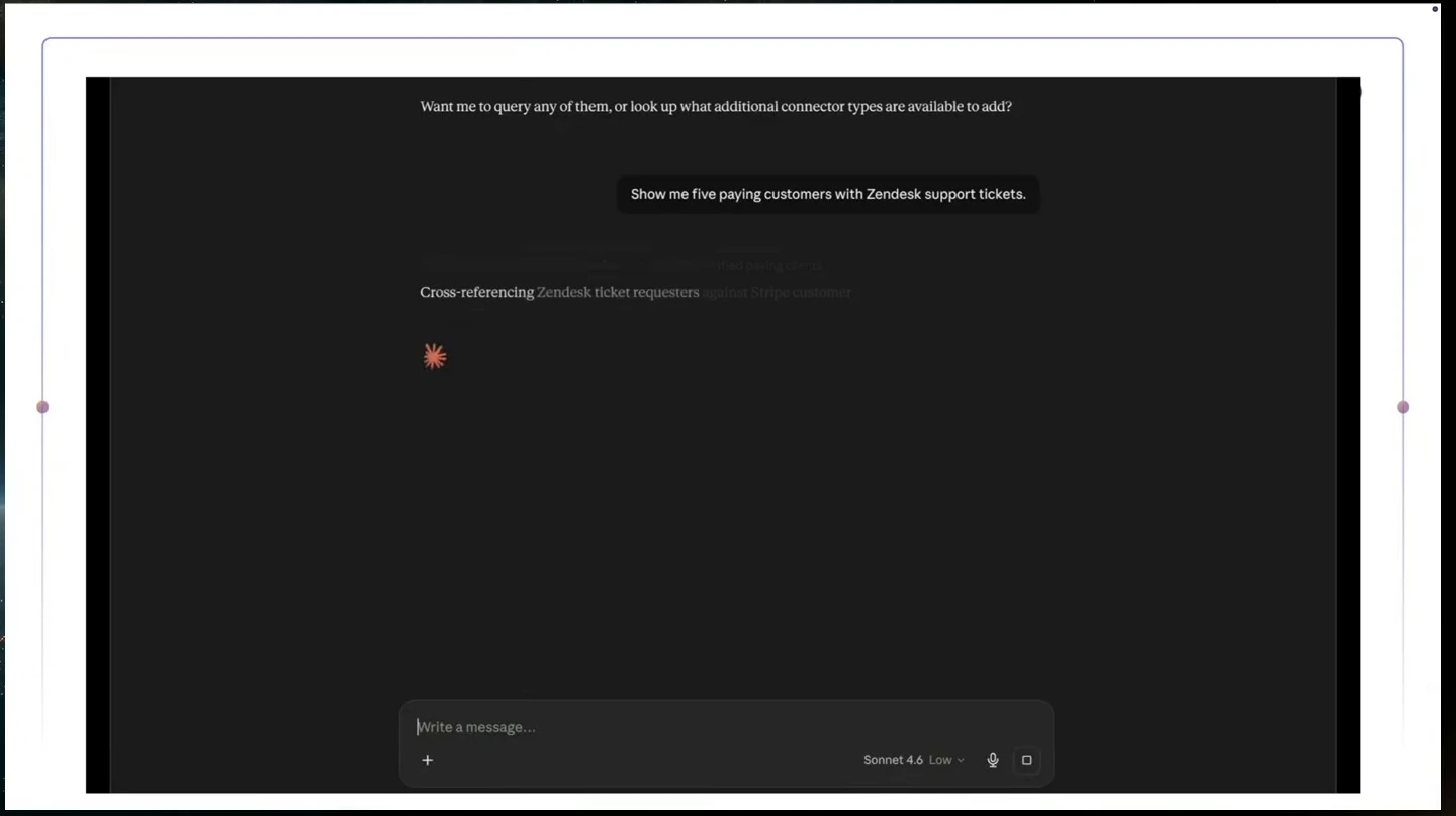 Claude demo asks for paying customers with support tickets and begins cross-referencing data.
