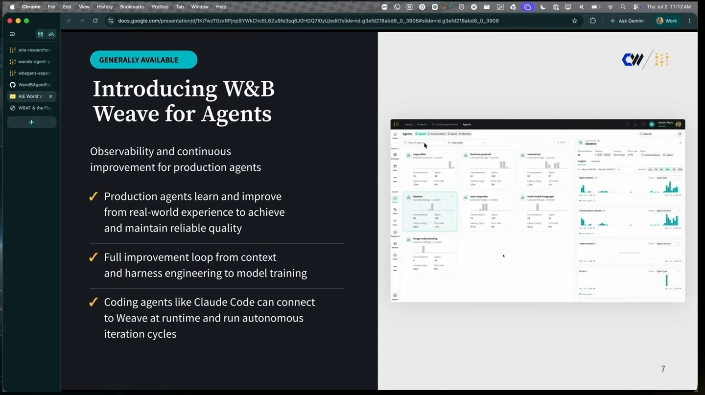 Slide introduces observability and continuous improvement for production agents alongside a product screenshot.