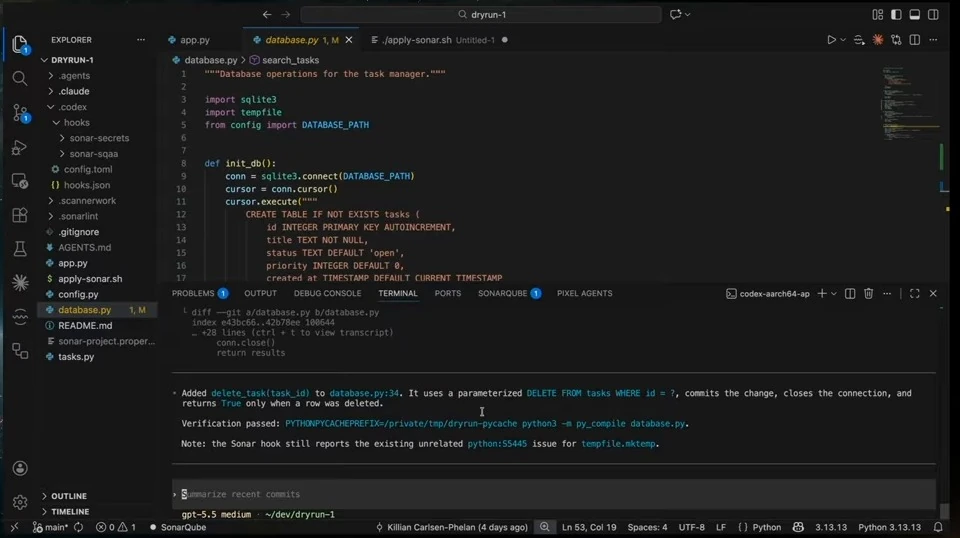 Terminal summary reports the added task deletion function, a passed syntax check, and an existing hook warning.
