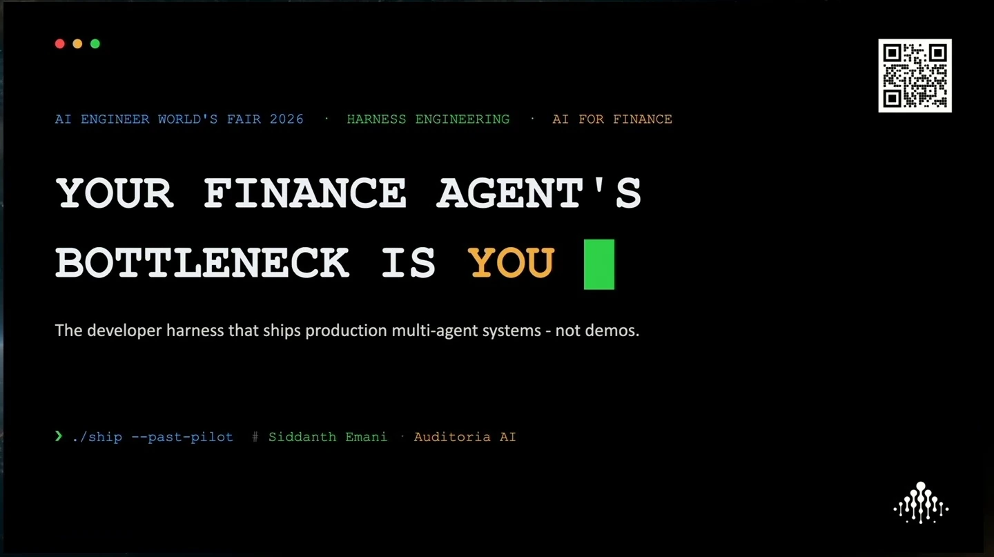 Title slide introducing a developer harness for production finance agents.