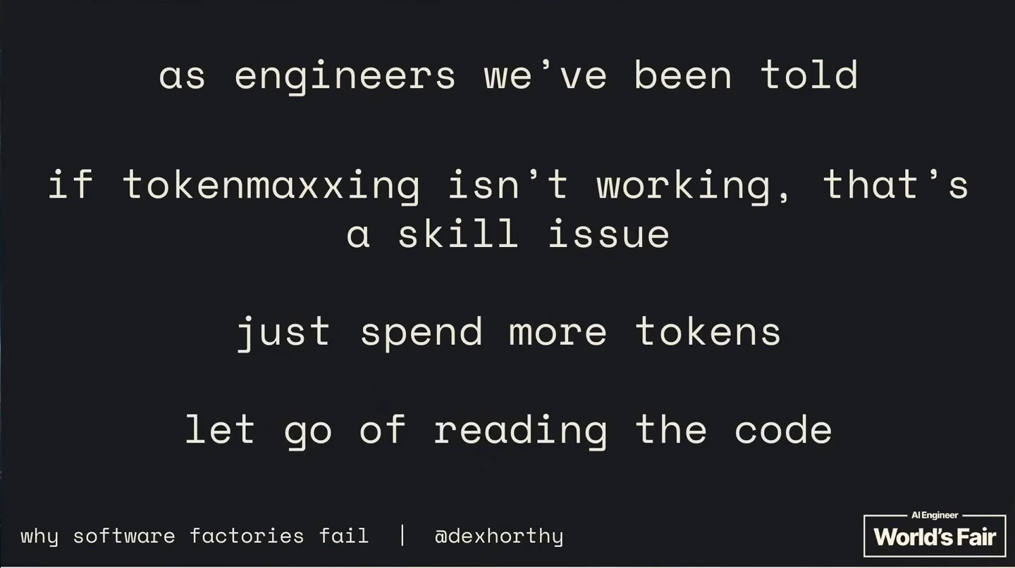 The slide presents claims that tokenmaxxing failures are a skill issue, suggesting more tokens and letting go of reading the code.