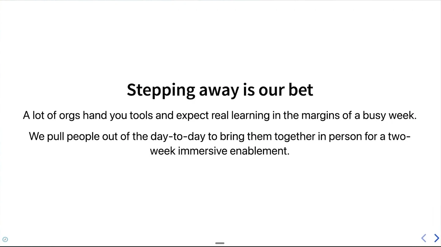 The program brings people together in person for two weeks of immersive enablement.
