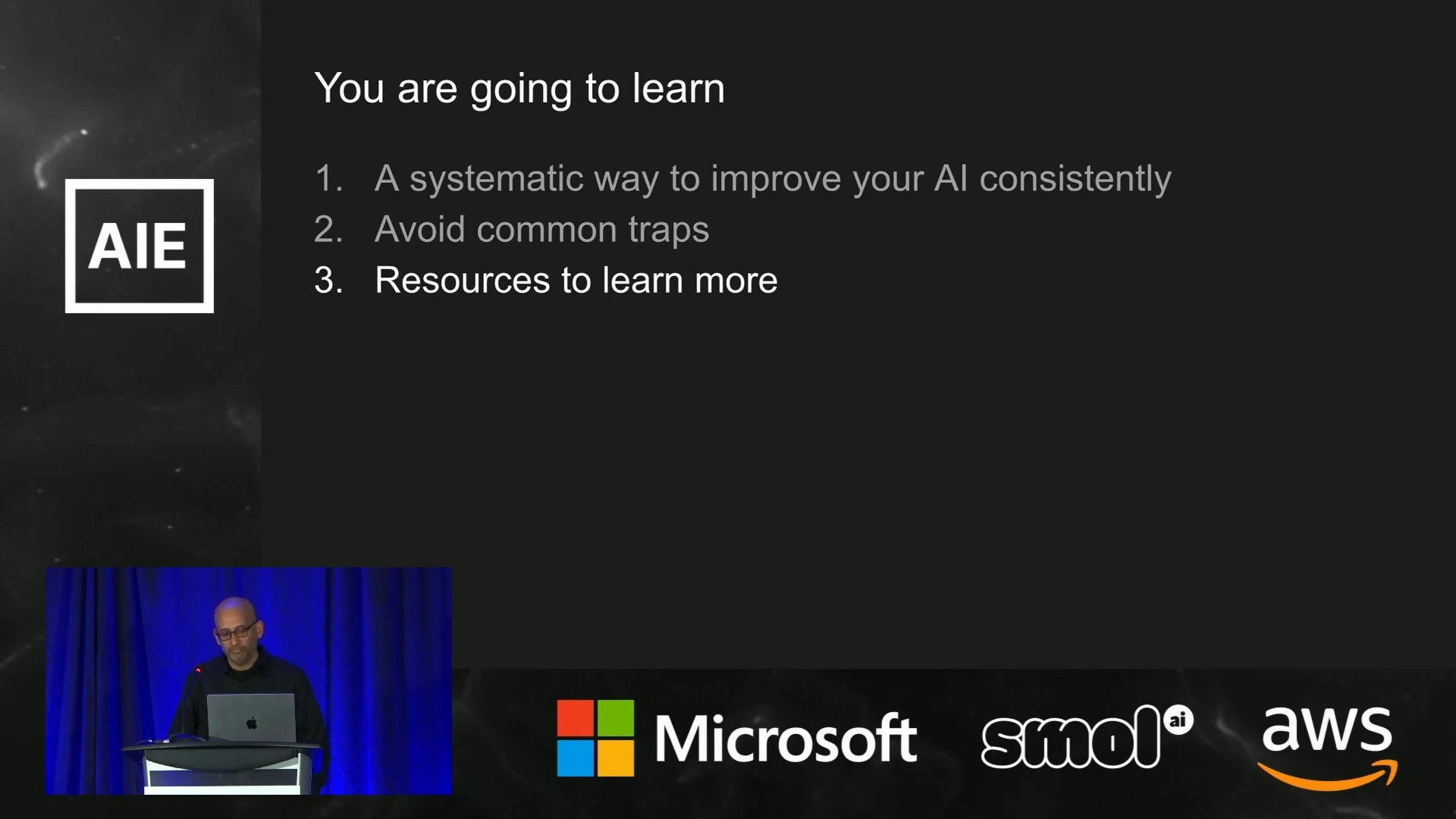 Agenda covering systematic AI improvement, common traps, and further resources.