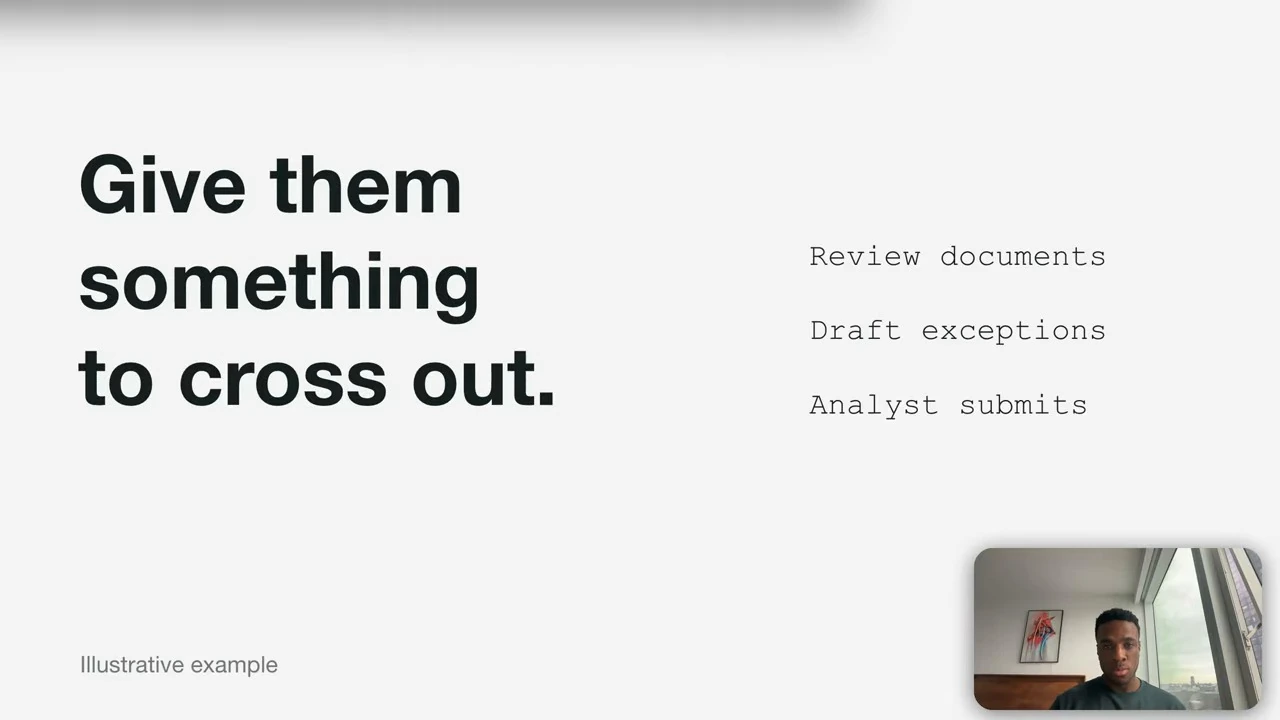 An illustrative workflow lists review documents, draft exceptions, and analyst submits.