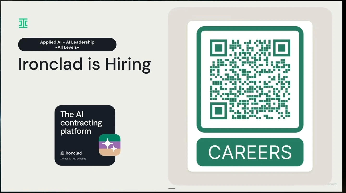 Ironclad hiring announcement for applied AI and AI leadership roles, with a careers QR code.