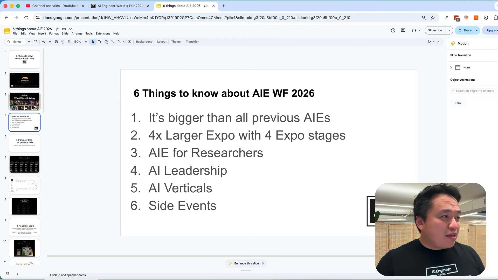 Overview listing event size, a larger expo, researchers, AI leadership, AI verticals, and side events.