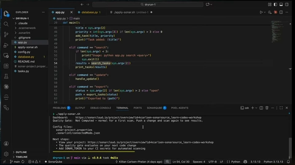 VS Code terminal shows the completed scan, dashboard link, and configuration next steps.