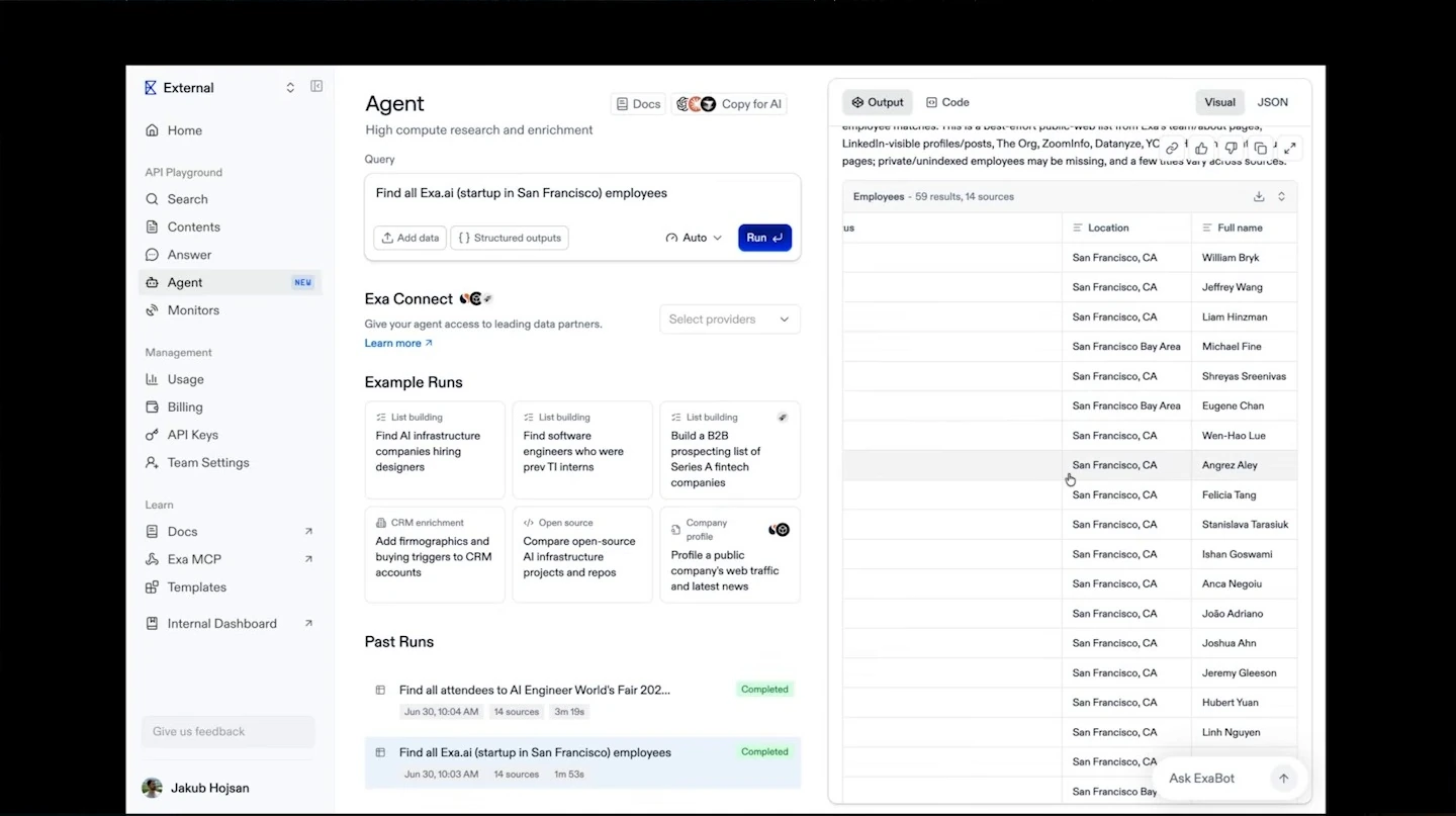Exa Agent interface showing an employee research result with locations and names.