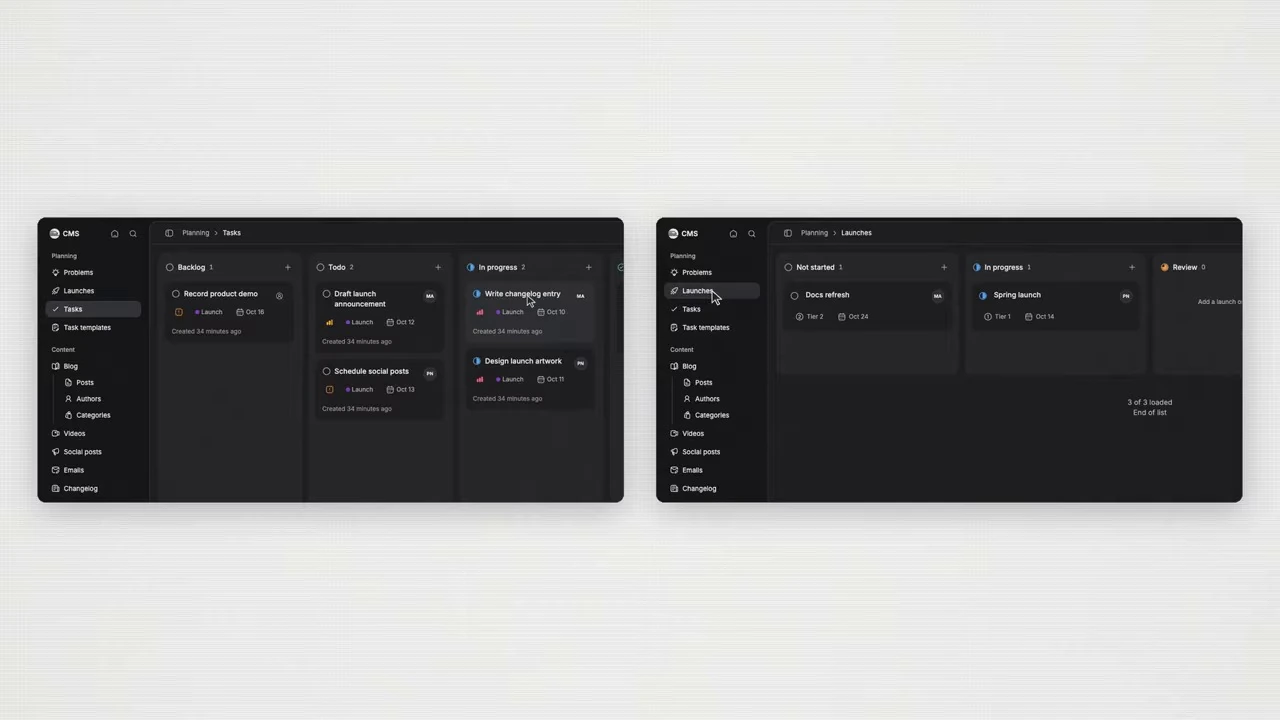 Dark task and launch boards displayed side by side.