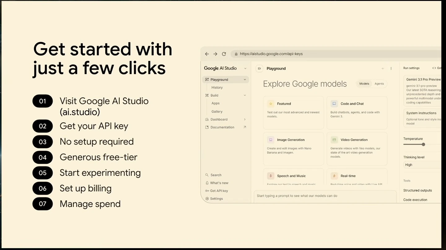Steps for getting started with Google AI Studio alongside a partial interface screenshot.