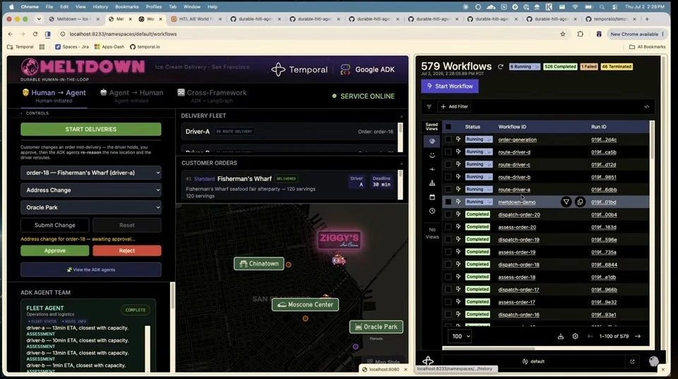 Delivery dashboard beside a list of running and completed workflows.