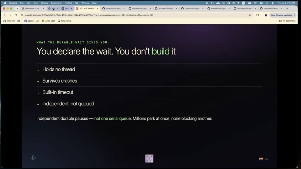 Durable waits hold no thread, survive crashes, support timeouts, and run independently.