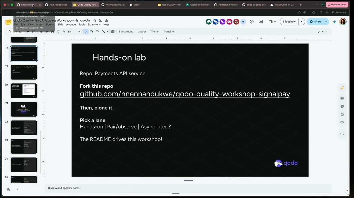 Slide directs participants to fork and clone the payments API repository and choose a workshop lane.