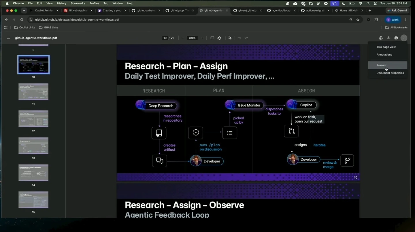 A workflow diagram shows research, planning, and assignment steps involving agents and a developer.