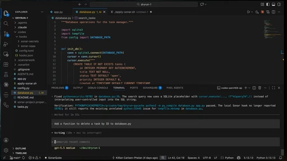 A coding agent is processing a request to add a delete-by-ID function to the database module.