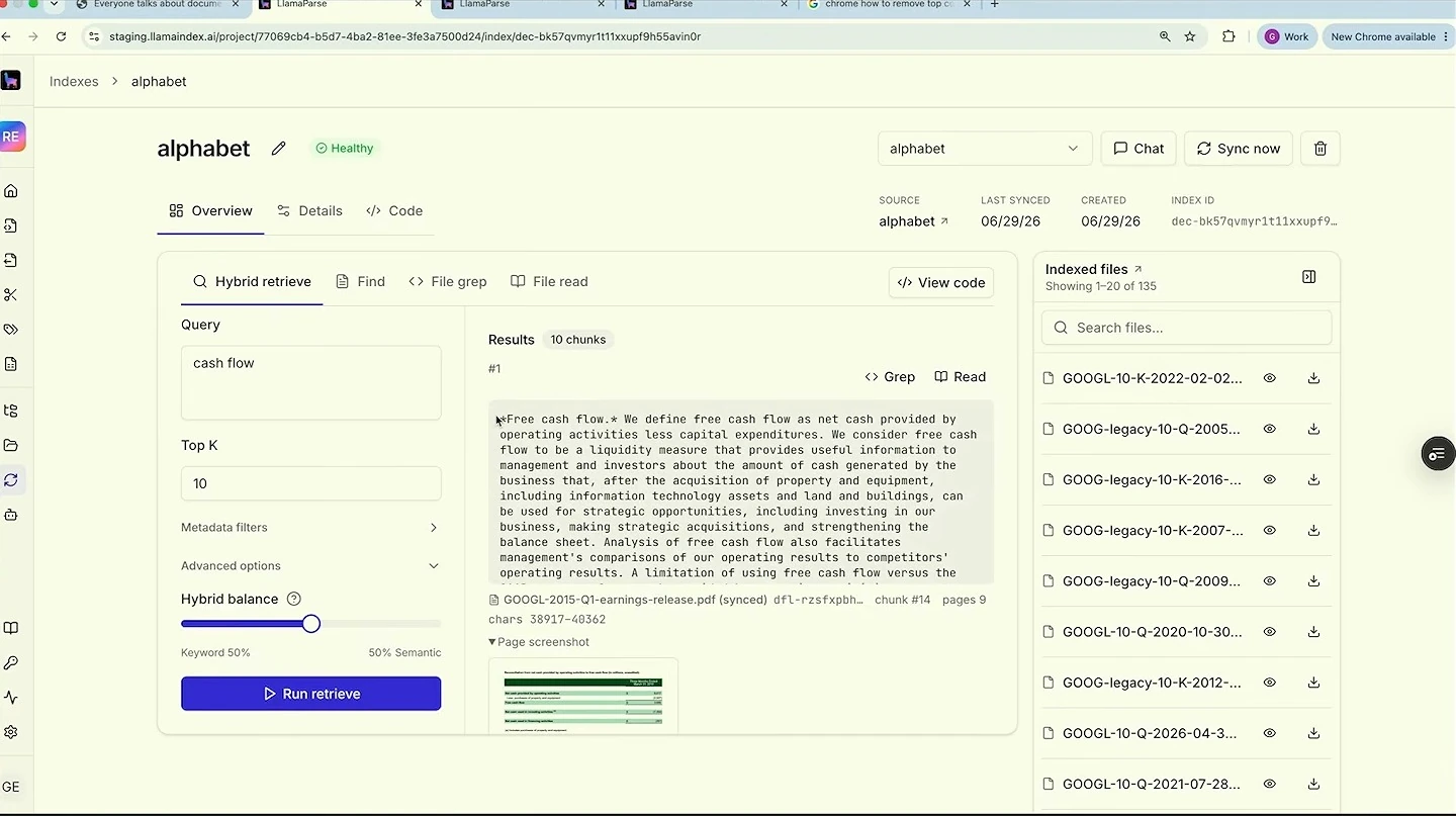 Hybrid retrieval returns cash flow text and a page screenshot thumbnail.