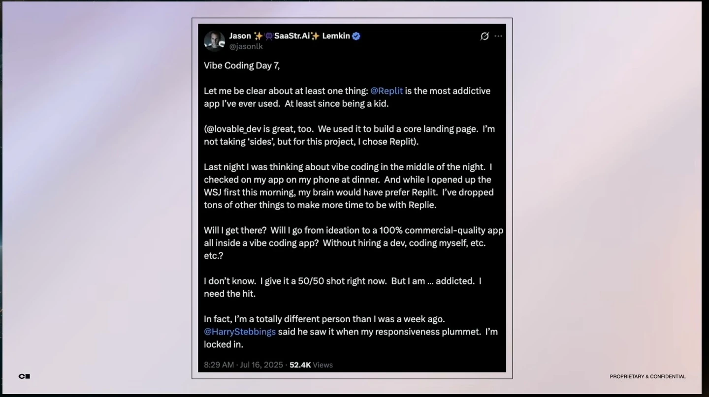 A social media post describes enthusiasm for building an app with Replit.