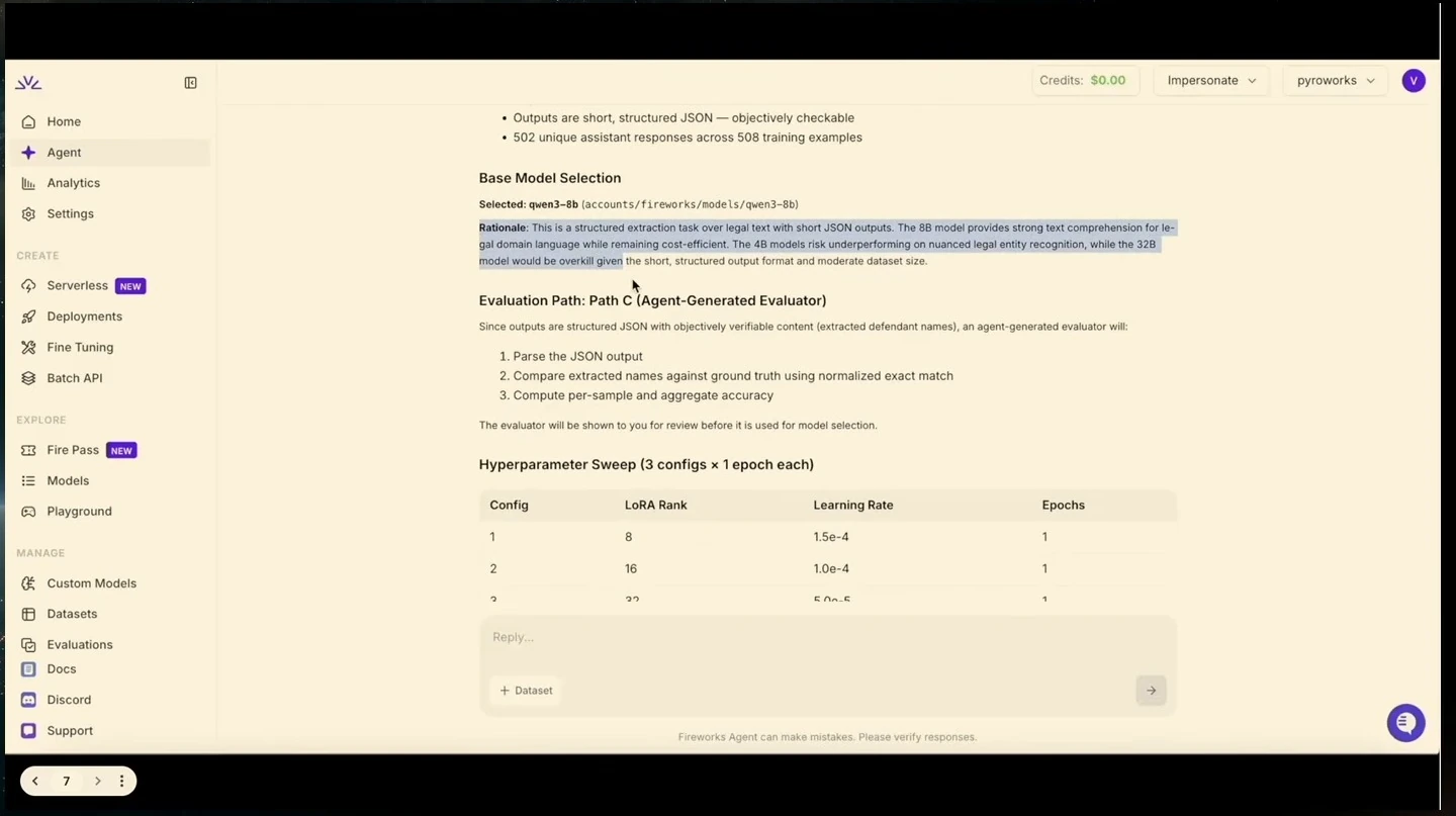 The plan selects Qwen3-8B, describes an agent-generated evaluator and lists hyperparameter configurations.