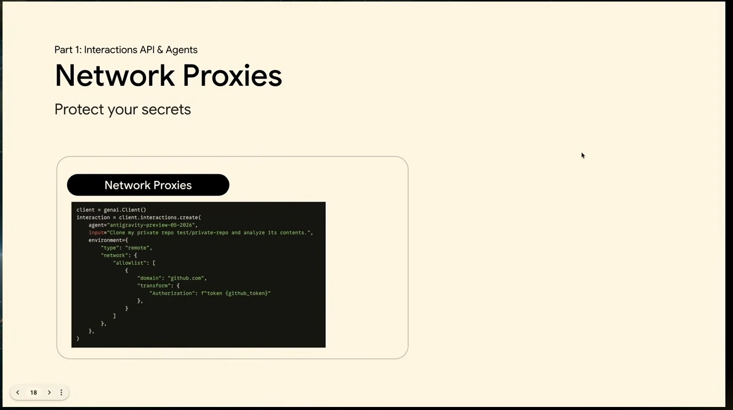 Slide titled Network Proxies, subtitled Protect your secrets, with a code example configuring an outbound authorization-header transformation.