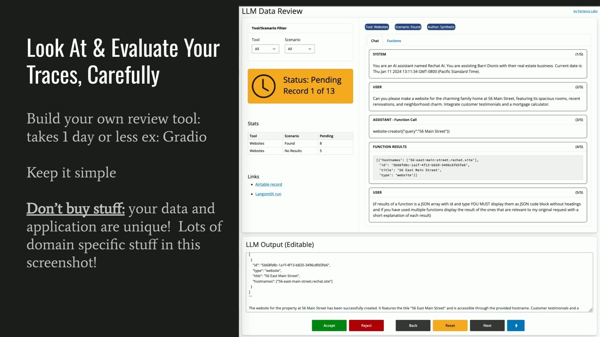 A slide recommends a simple custom review tool and shows a trace review and labeling interface.