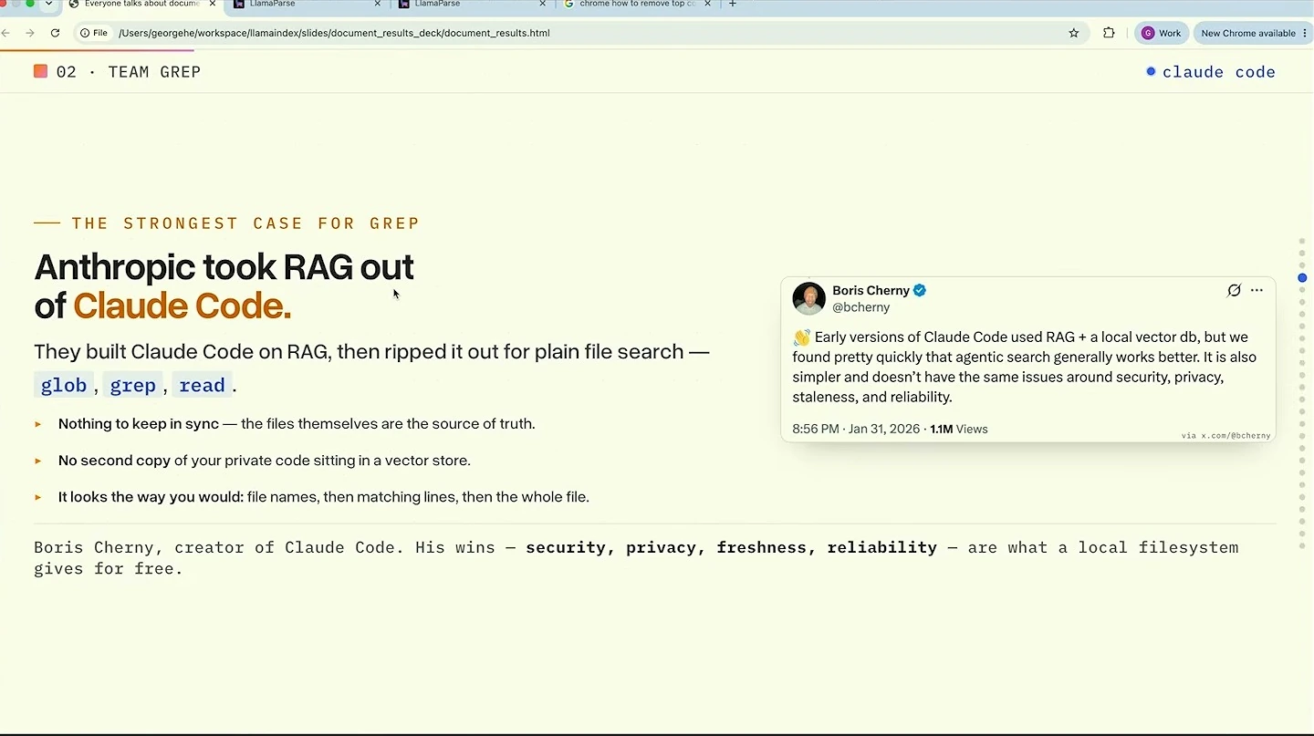 Slide describes Claude Code's use of file search and shows a public post about its earlier use of RAG.