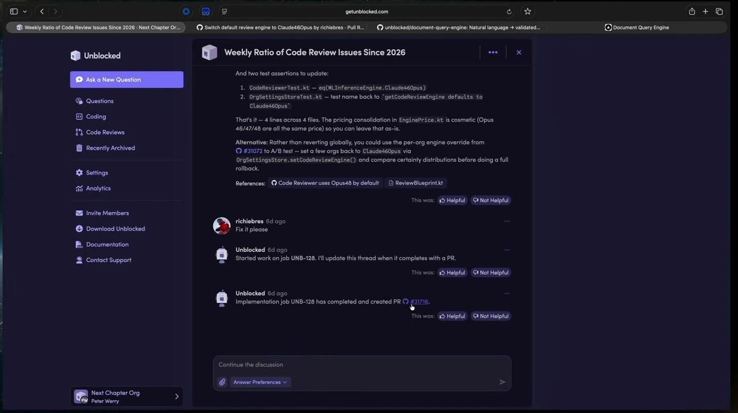 An Unblocked conversation shows a request to fix the issue and a completed implementation job.