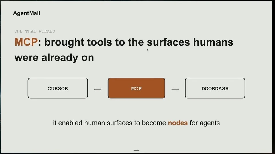 A diagram connects Cursor and DoorDash through MCP, illustrating human surfaces becoming nodes for agents.
