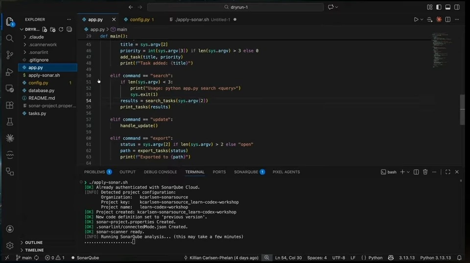 VS Code shows application commands while SonarQube analysis runs in the terminal.