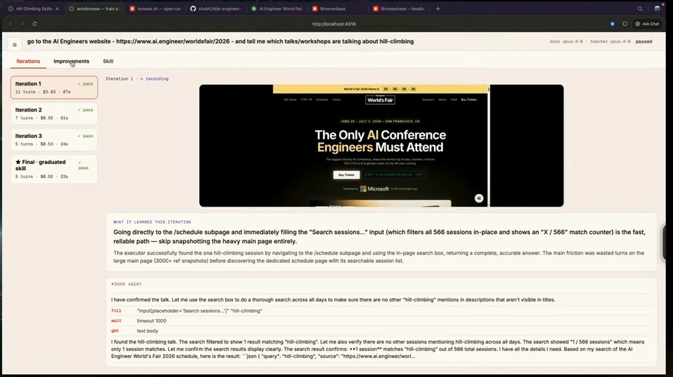 A conference website replay appears above the iteration's learned search workflow and agent activity.