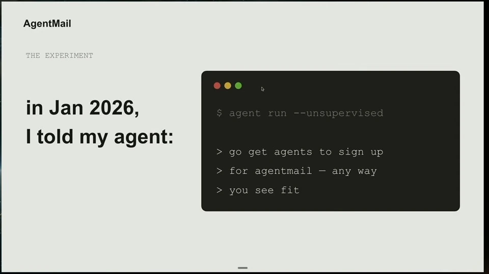 A terminal-style panel shows an instruction to an agent to recruit AgentMail users without supervision.
