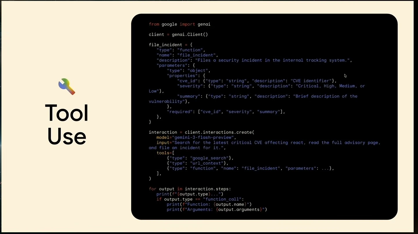 Tool use slide showing a Python example combining search, URL context, and a custom incident function.