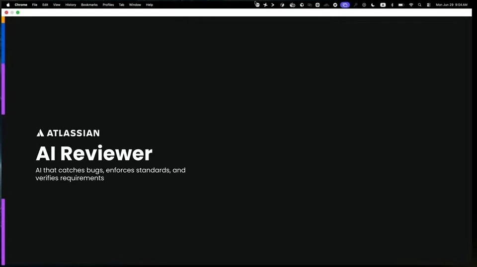 Atlassian title slide introducing AI Reviewer for bugs, standards, and requirements.