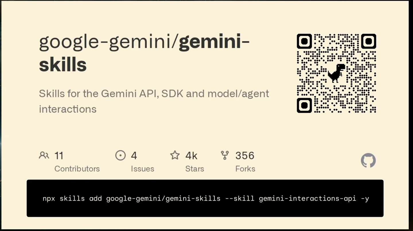 Gemini skills repository slide with a QR code, repository statistics, and an installation command.