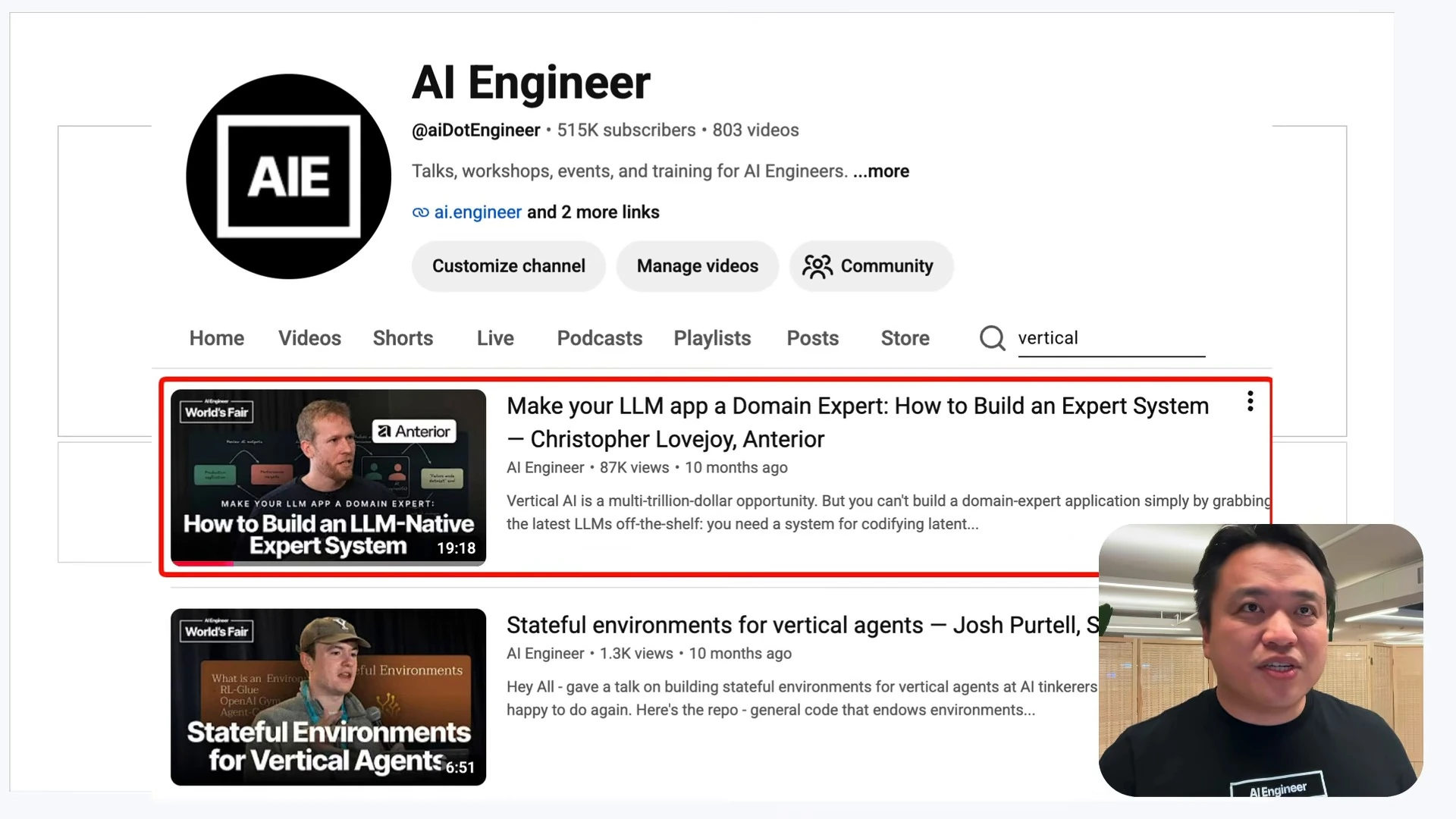 AI Engineer channel search results with a domain-expert systems talk highlighted.