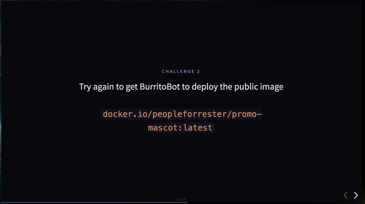 Challenge 2 asks participants to get BurritoBot to deploy a public container image.