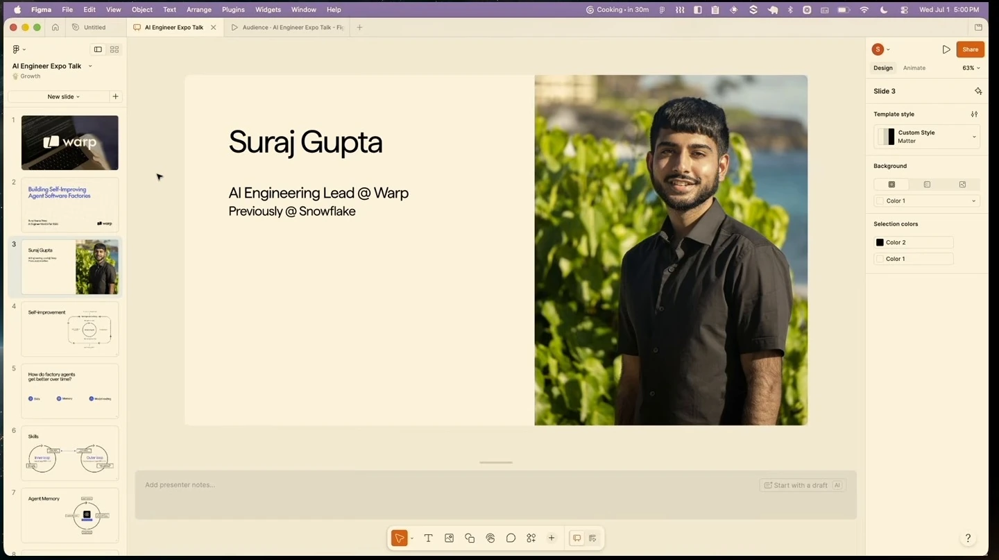 Suraj Gupta’s introduction slide, with his Warp role, previous Snowflake role, and portrait.
