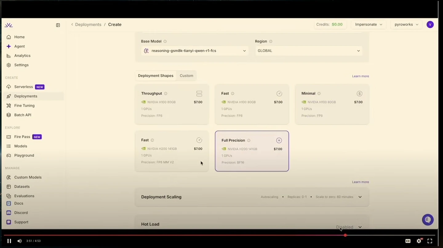 Deployment form comparing throughput, fast, minimal, and full-precision shapes.