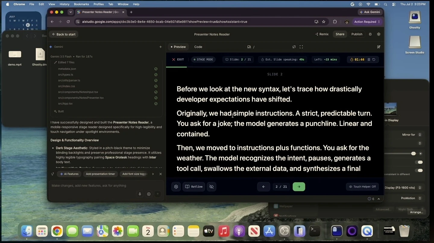 Browser-based presenter-notes reader showing its second notes page, navigation controls and timing indicators alongside the app-building conversation.