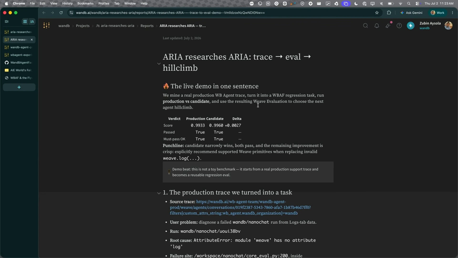 Report introducing the demo and comparing production and candidate scores.